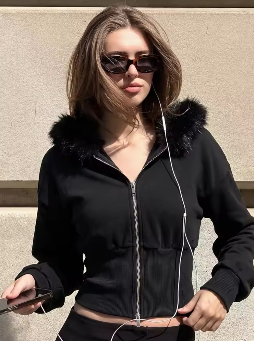 Fashion Black Long Sleeve Feather Hooded Sexy Zipper Crop Jacket Coat